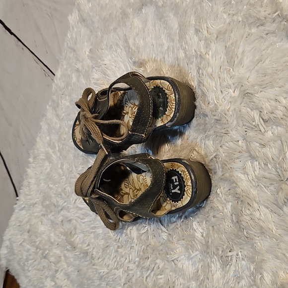 FLY London Black Slingback Wedge Sandals Lace Up Peep Toe Casual Shoes Size 41‎ - Picture 5 of 11